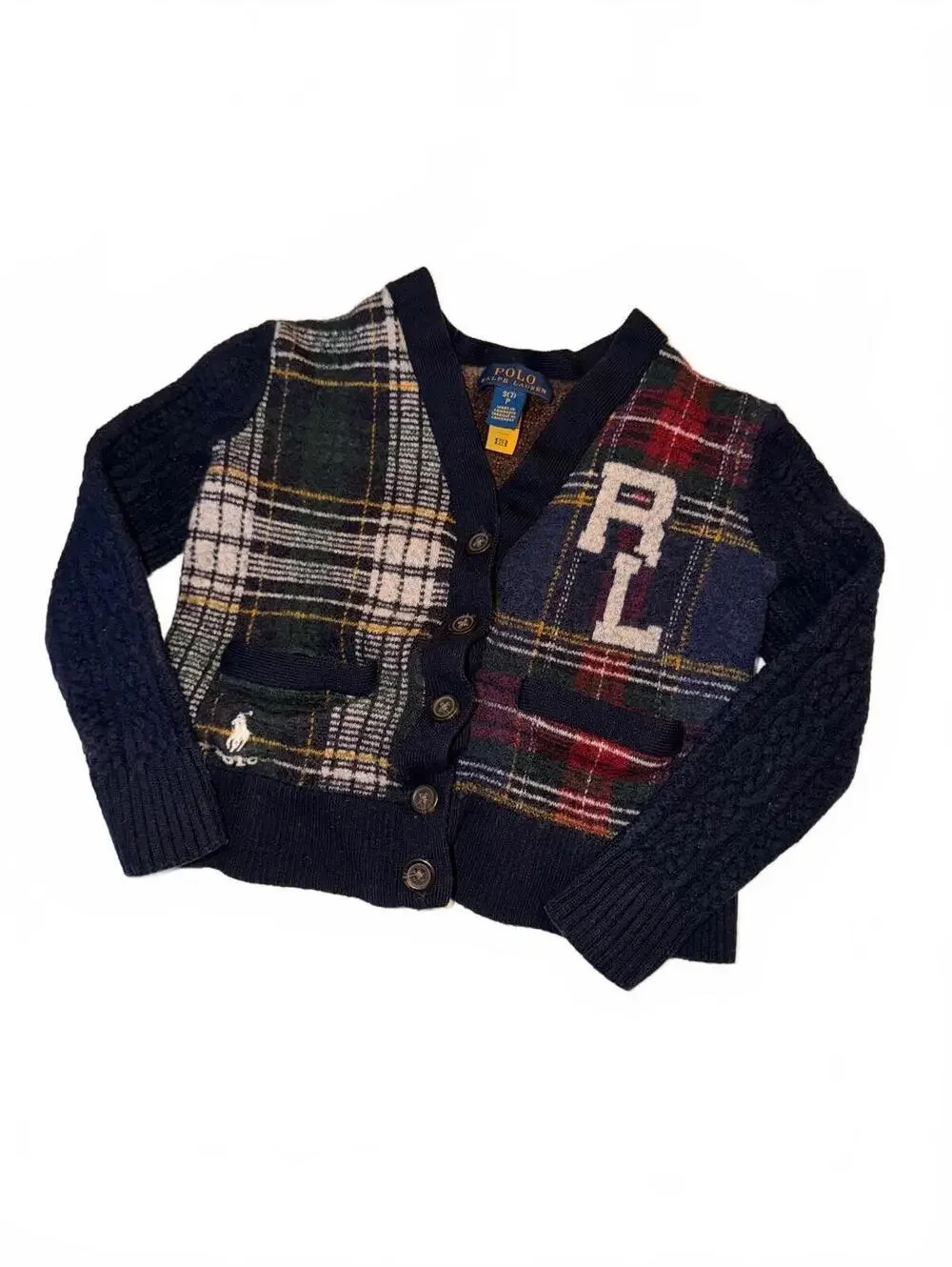 Polo Ralph Lauren Plaid Cardigan Sweater RL Patchwork Knit Size S/P